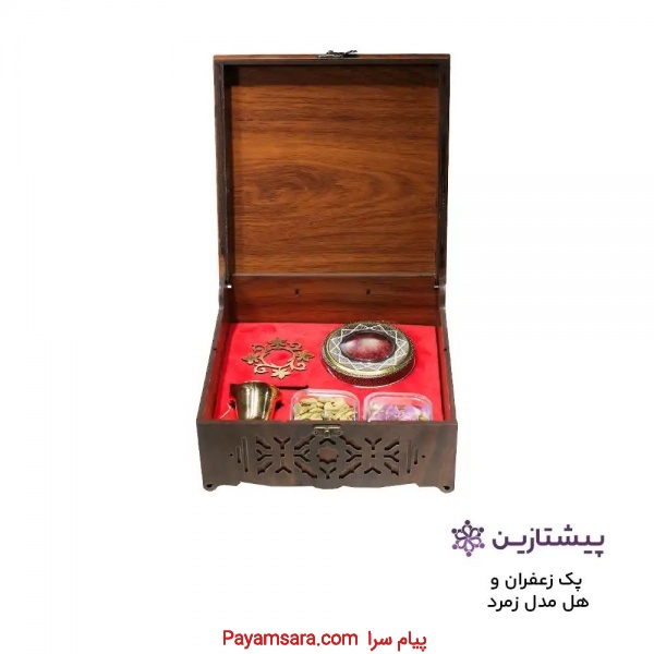 پک هدیه لوکس زعفران سوپر نگین با جعبه چوبی و هاون